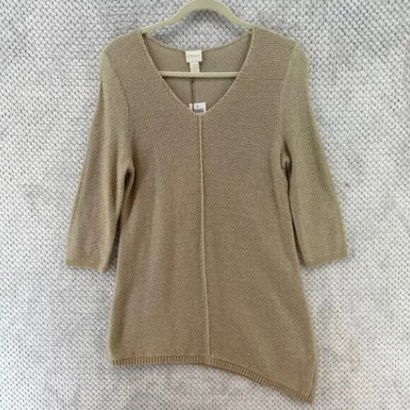 Chico's Sweater 1 M/8 Khaki Metallic Slanted Hem Heidi Pullover 3/4 Sleeves New - Picture 1 of 7